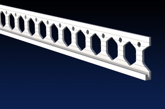 Close up rendered product image of 4mm white PVCu plaster stop bead on black and navy gradient background