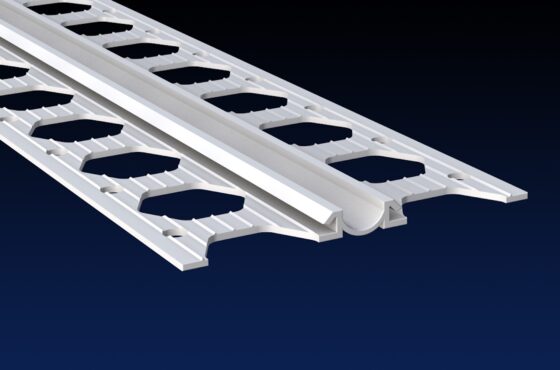 Close up rendered product image of 4mm white PVCu render expansion joint bead on black and navy gradient background